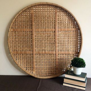 Vintage Large Flat Round Bamboo Wicker Tobacco Winnowing Basket 33”