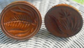 2 Antique Wood Butter Stamps / Molds / Cookie Press Carved Victorian Leaf