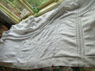Antique ART NOUVEAU Heavily Hand Embroidered Crewel Work Irish Linen Bed Cover 11