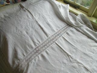 Antique ART NOUVEAU Heavily Hand Embroidered Crewel Work Irish Linen Bed Cover 2