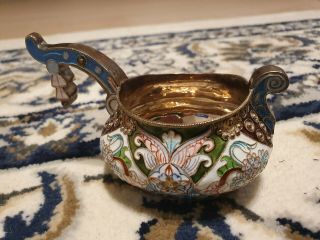 Russian Silver 121 G.  Enameled Kovsh 84,  Are