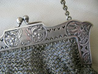 Antique Art Nouveau Silver T Pierced Lattice Floral Heart 4 Tassel Mesh Purse 10