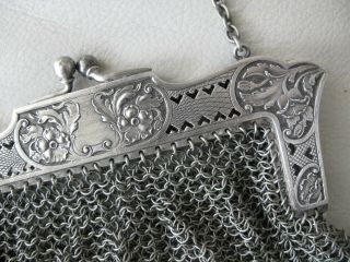 Antique Art Nouveau Silver T Pierced Lattice Floral Heart 4 Tassel Mesh Purse 5