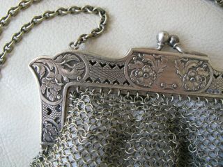 Antique Art Nouveau Silver T Pierced Lattice Floral Heart 4 Tassel Mesh Purse 9