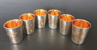 Antique Russian 875 Silver Rose Gold Guilted 6 Vodka Shuts Cups Bakers