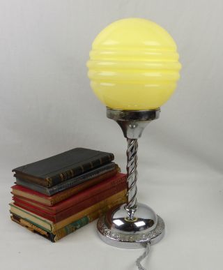 Art Deco Chrome Barleytwist Table Lamp.  Saturn Glass Globe Shade