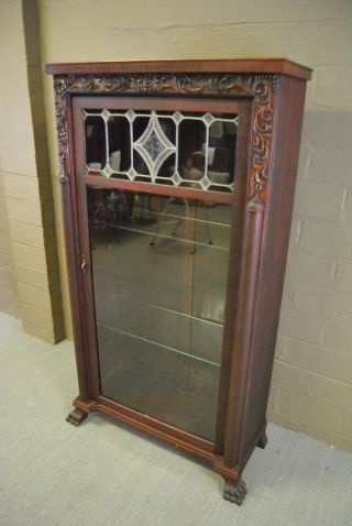 Antique Carved Mahogany Leaded Glass Bookcase Claw Feet