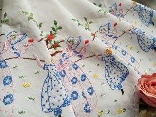 GORGEOUS Vintage Hand Embroidered Linen Tablecloth with Crinoline Ladies 10