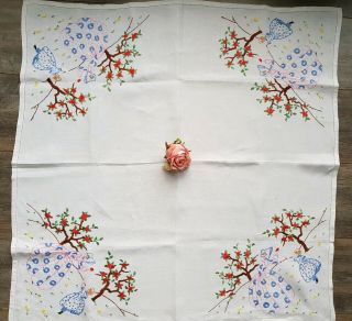 GORGEOUS Vintage Hand Embroidered Linen Tablecloth with Crinoline Ladies 11