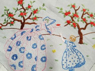 GORGEOUS Vintage Hand Embroidered Linen Tablecloth with Crinoline Ladies 4