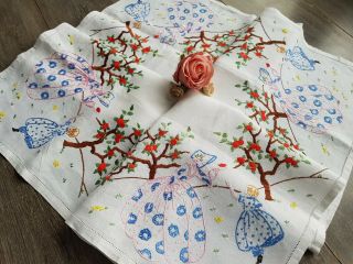 GORGEOUS Vintage Hand Embroidered Linen Tablecloth with Crinoline Ladies 6