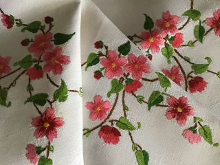 Exquisite Vintage Linen Hand Embroidered Tablecloth Pink Trailing Blossoms