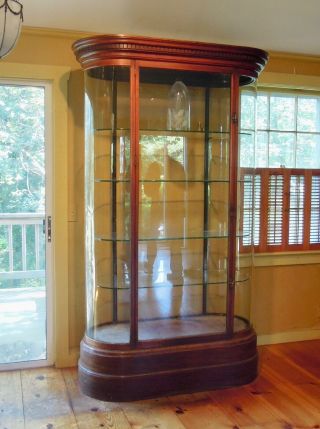 Antique English Mahogany And Glass Shop Display Cabinet,  Vitrine,  Curved Glass