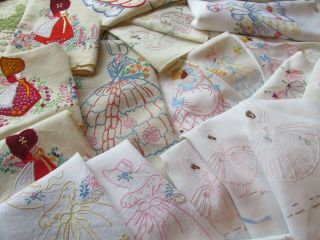 Vintage Bundle Hand Embroidered Crinoline Lady Tablecloth/linens - Projects/repair