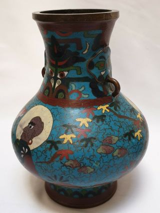 Pair Unusual Japanese Cloisonne Vases Signed Ming Scholars Monks Meiji Chinese 11