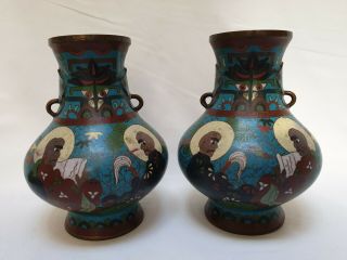 Pair Unusual Japanese Cloisonne Vases Signed Ming Scholars Monks Meiji Chinese