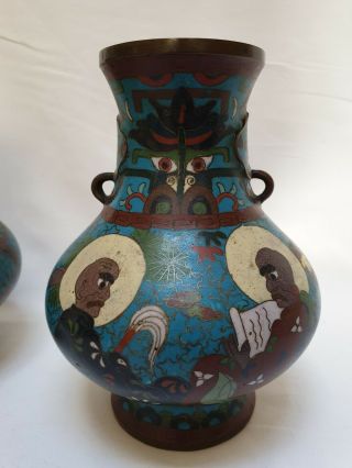 Pair Unusual Japanese Cloisonne Vases Signed Ming Scholars Monks Meiji Chinese 2