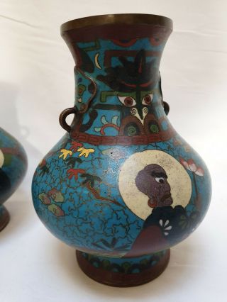 Pair Unusual Japanese Cloisonne Vases Signed Ming Scholars Monks Meiji Chinese 3