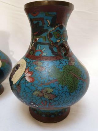 Pair Unusual Japanese Cloisonne Vases Signed Ming Scholars Monks Meiji Chinese 4