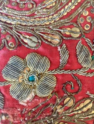 Antique 19thc Gold Bullion Stumpwork Embroidery Fragment Red Silk 8 " X 4 & 1/2 "