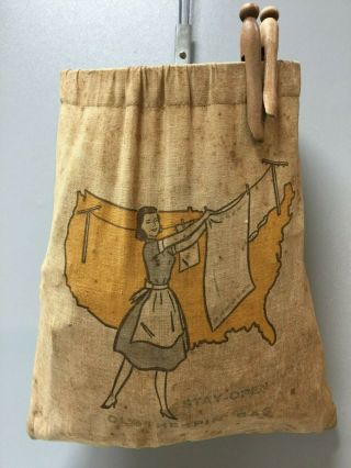 Antique Primitive 133 Hand Carved Wooden Clothespins Laundry Arts,  Vtg Usa Bag