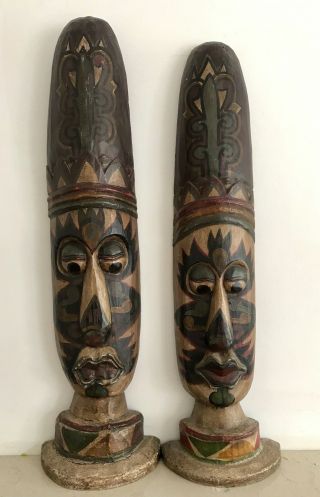 Tall Wooden Tribal Art - Hand Painted And Carved & Nailed Base