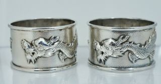 Wang Hing Chinese Export Silver Dragon Napkin Ring Set Coin Sterling Antique Old