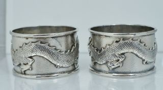 Wang Hing Chinese Export Silver Dragon Napkin Ring Set Coin Sterling Antique Old 2