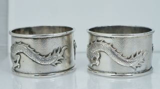 Wang Hing Chinese Export Silver Dragon Napkin Ring Set Coin Sterling Antique Old 3