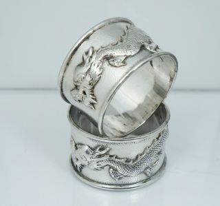 Wang Hing Chinese Export Silver Dragon Napkin Ring Set Coin Sterling Antique Old 5