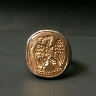 Antique Ancient Roman Silver Ring With Eagle Marked Spqr 24k Thick Gold Plate