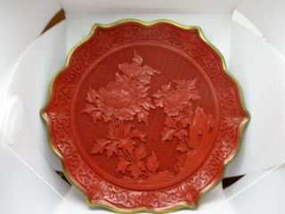 Vintage Large Chinese Cinnabar Carving Flower Plate 10 