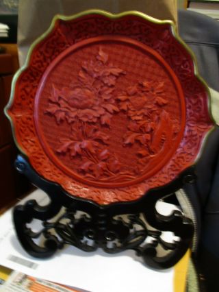 Vintage Large Chinese Cinnabar Carving Flower Plate 10 " 20th Century