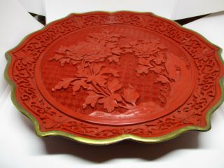 Vintage Large Chinese Cinnabar Carving Flower Plate 10 