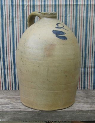Antique Two Gallon Salt Glazed Stoneware Jug Cobalt 2 W Strokes - Very Primitive