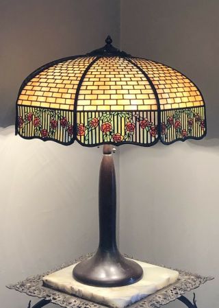Antique Arts & Craft Signed Handel Slag Glass Table Lamp Shade & Base Signed