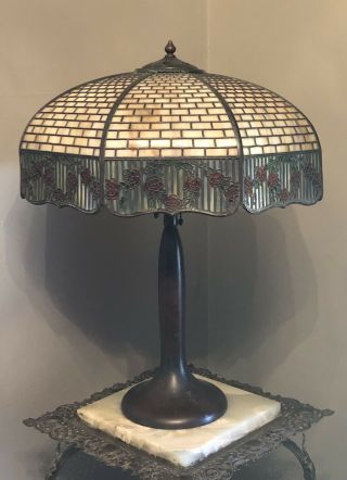 Antique Arts & Craft SIGNED HANDEL Slag Glass Table Lamp Shade & Base Signed 2