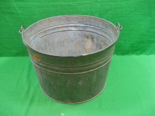 Vintage Primitive Patina Large Galvanized Tin Metal Bucket & Handle 13.  5 " Round