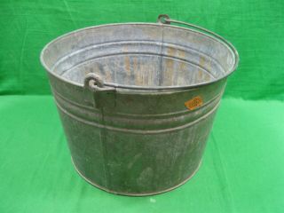 Vintage Primitive Patina Large Galvanized Tin Metal Bucket & Handle 13.  5 