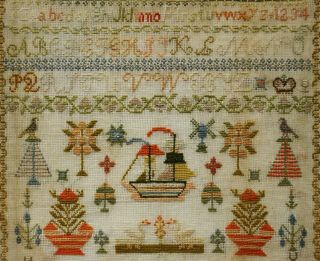 LATE 19TH CENTURY SAILING SHIP & MOTIF SAMPLER BY MARY MARGARET MOOR AGE 10 1882 10
