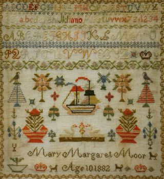 LATE 19TH CENTURY SAILING SHIP & MOTIF SAMPLER BY MARY MARGARET MOOR AGE 10 1882 11