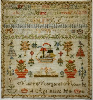 Late 19th Century Sailing Ship & Motif Sampler By Mary Margaret Moor Age 10 1882