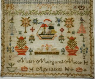 LATE 19TH CENTURY SAILING SHIP & MOTIF SAMPLER BY MARY MARGARET MOOR AGE 10 1882 3