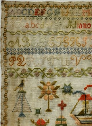 LATE 19TH CENTURY SAILING SHIP & MOTIF SAMPLER BY MARY MARGARET MOOR AGE 10 1882 4