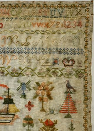 LATE 19TH CENTURY SAILING SHIP & MOTIF SAMPLER BY MARY MARGARET MOOR AGE 10 1882 5