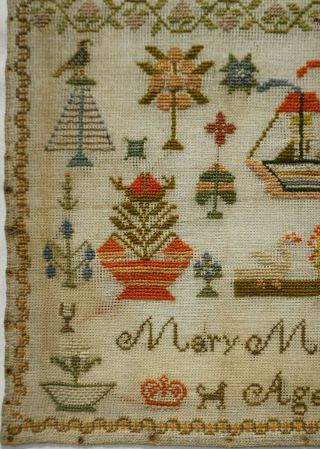 LATE 19TH CENTURY SAILING SHIP & MOTIF SAMPLER BY MARY MARGARET MOOR AGE 10 1882 6