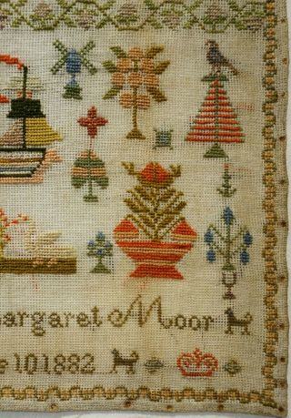 LATE 19TH CENTURY SAILING SHIP & MOTIF SAMPLER BY MARY MARGARET MOOR AGE 10 1882 7