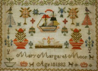 LATE 19TH CENTURY SAILING SHIP & MOTIF SAMPLER BY MARY MARGARET MOOR AGE 10 1882 8