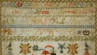 LATE 19TH CENTURY SAILING SHIP & MOTIF SAMPLER BY MARY MARGARET MOOR AGE 10 1882 9