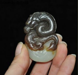 Ancient China Natural Hetian white Jade hand - Carved Loong Dragon Statue Pendant 4